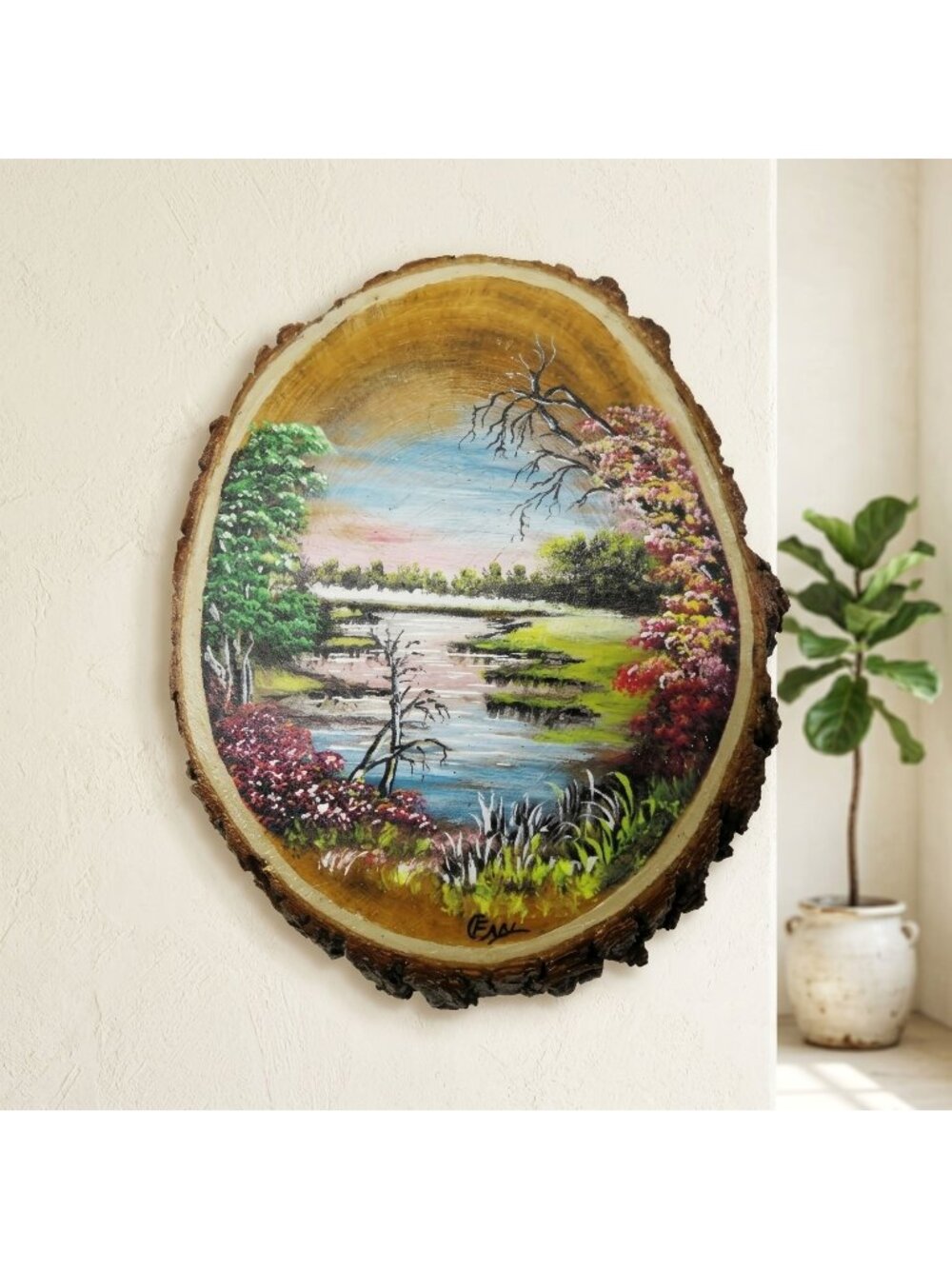 Wood Slice Landscape Painting Rustic Cabin Art Hand Painted in Africa 7.6"